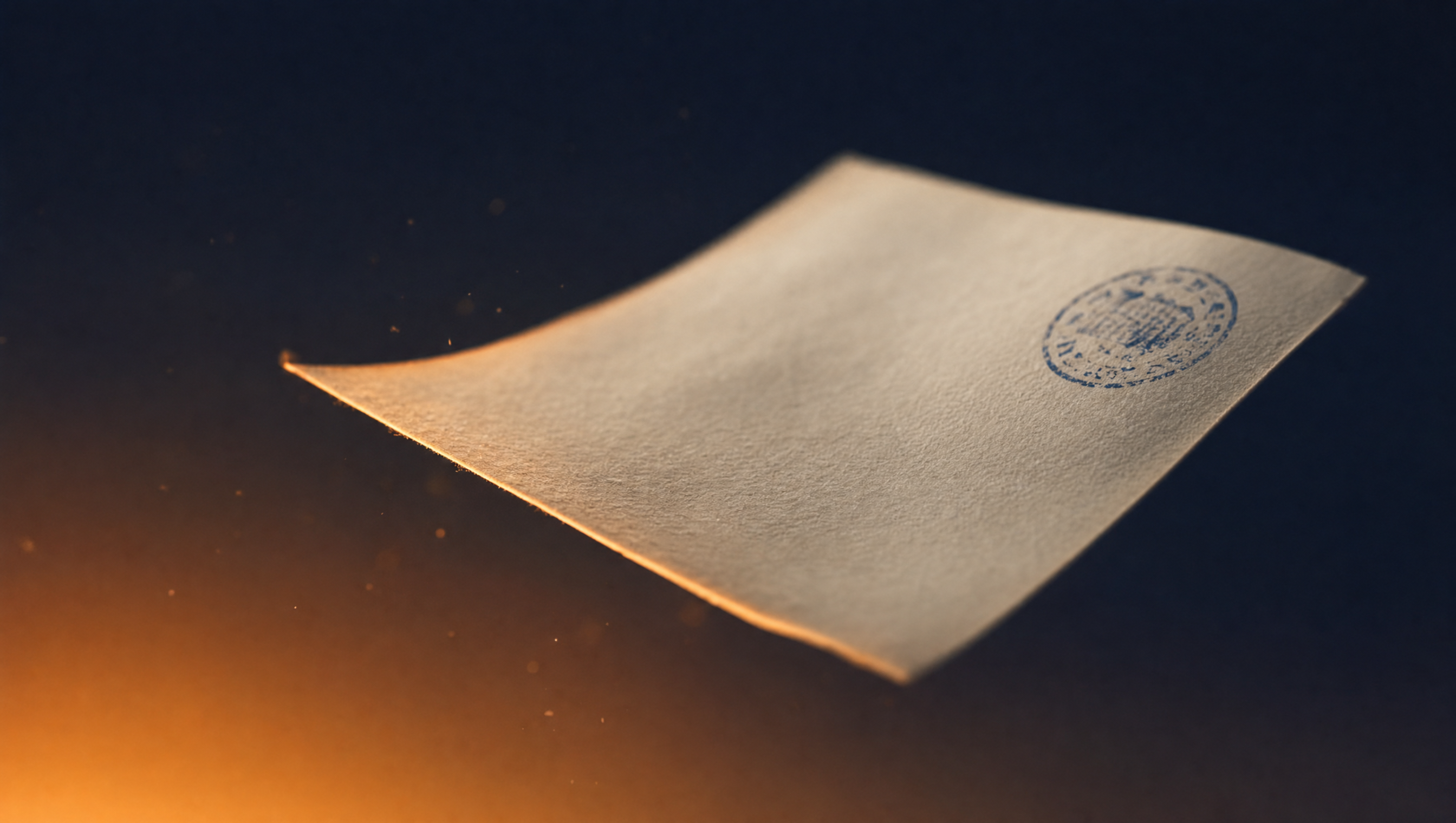 A letter returning out of midnight darkness, its edge caught in warm amber light